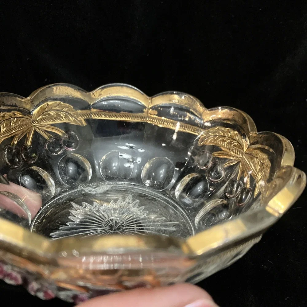 Vintage Mosser Northwood Glass Cherry & Cable Thumbprint 24K Gold Candy Dish